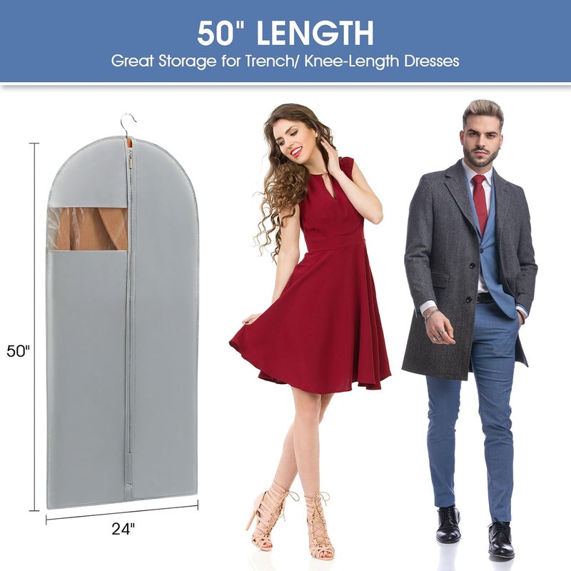 Perber 50" Garment Bag, Mens Suit Bags for Closet Storage and Travel, Garment Bags for Hanging Clothes, Foldable Suit Cover Bags with Clear Window for Coats, Jackets, Dresses - Gray/ 5 Packs - Image 2